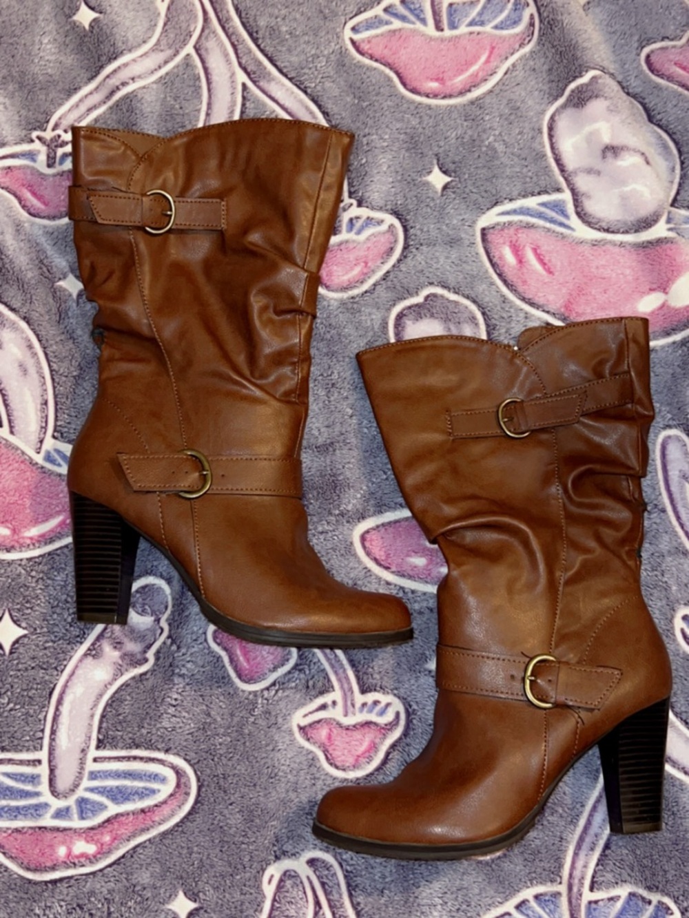 SACHI Brown Mid-Calf Heeled Boots with Buckle Detail